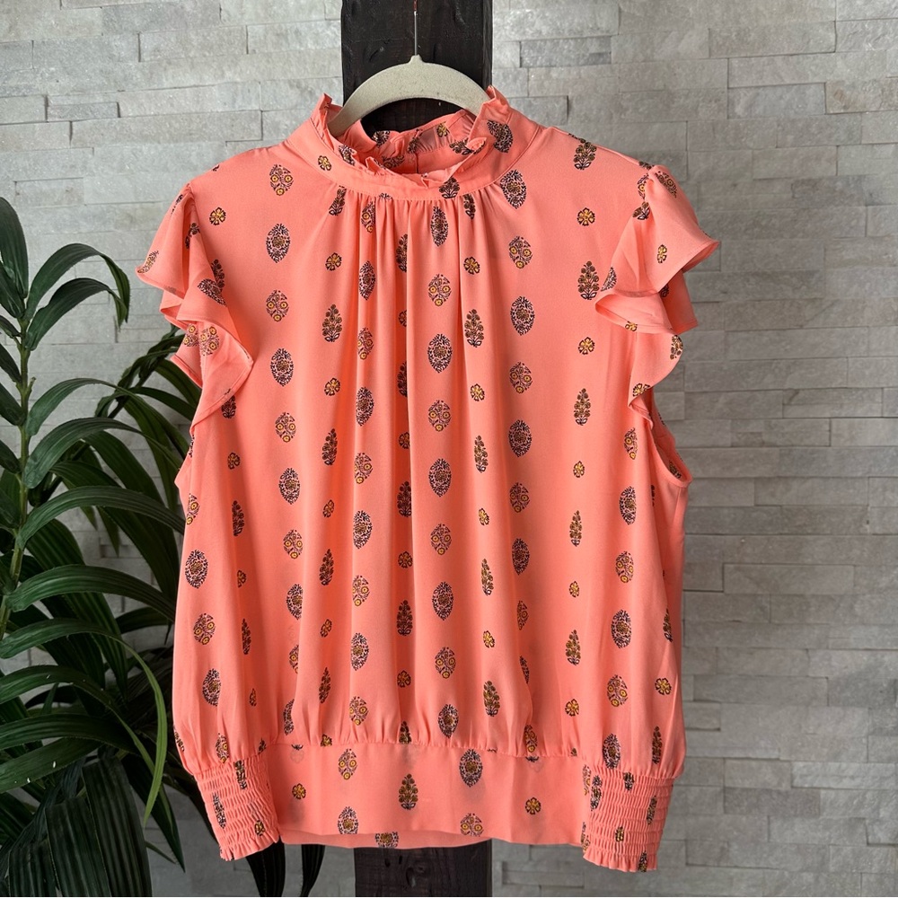 Ann Taylor Peach Coral Boho Ruffle Collar Sleeve Blouse Size L New with Tags